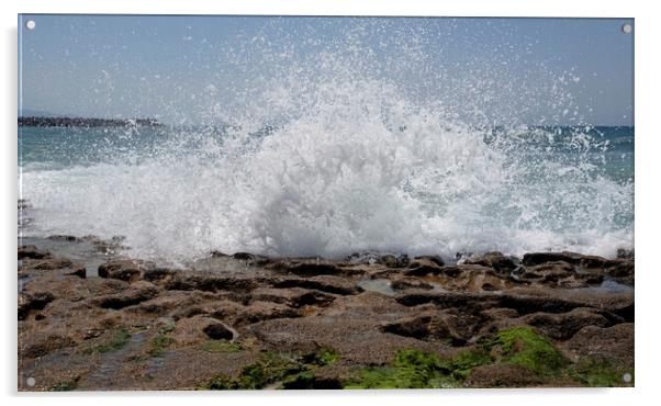 Waves arriving at the coast and splashing on the rocky shore Acrylic by Lensw0rld 