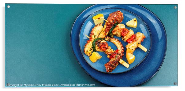 Delicious octopus skewers. Acrylic by Mykola Lunov Mykola