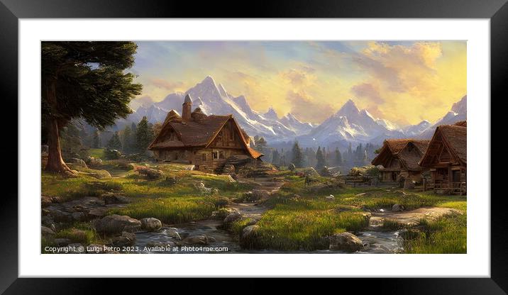 Serene Idyll: Pastoral Farmhouses by Stream Framed Mounted Print by Luigi Petro