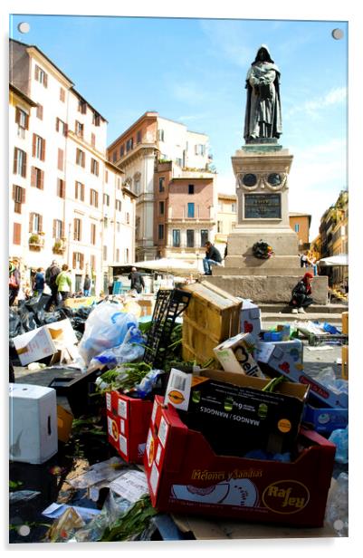 Garbage in Campo de' Fiori after market day, Rome Italy Acrylic by Fabrizio Troiani