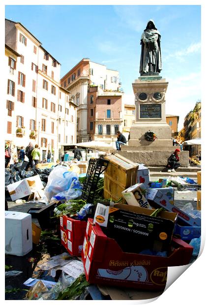Garbage in Campo de' Fiori after market day, Rome Italy Print by Fabrizio Troiani