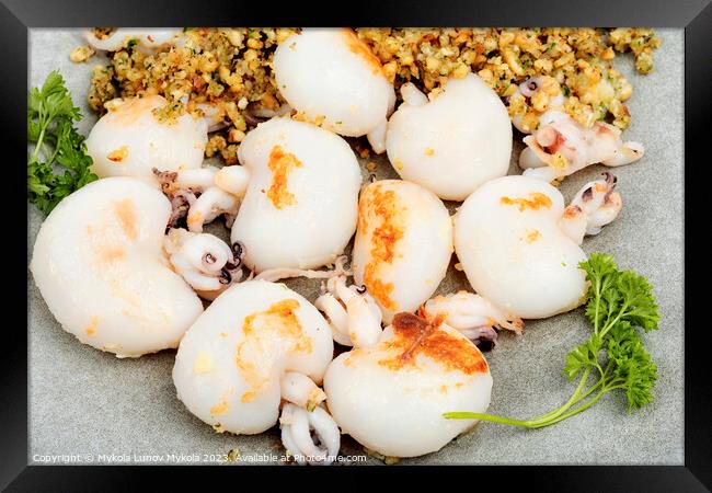 Grilled squids with nuts. Framed Print by Mykola Lunov Mykola