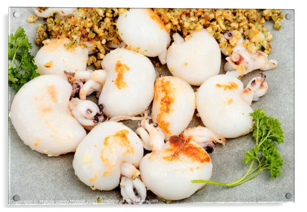 Grilled squids with nuts. Acrylic by Mykola Lunov Mykola