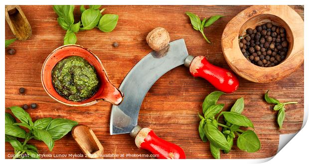 Homemade pesto sauce and ingredients. Print by Mykola Lunov Mykola