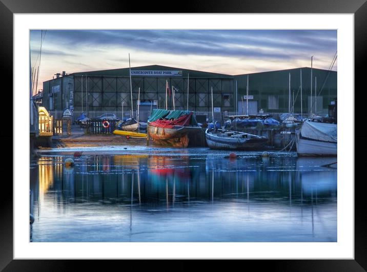 Early morning calm over the Heritage smack Dock in Brightlingsea  Framed Mounted Print by Tony lopez