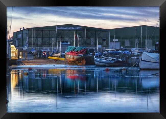Early morning calm over the Heritage smack Dock in Brightlingsea  Framed Print by Tony lopez