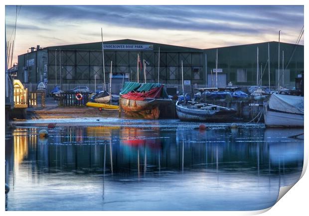 Early morning calm over the Heritage smack Dock in Brightlingsea  Print by Tony lopez