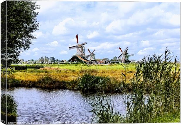 Dutch windmills scene  Canvas Print by Les Schofield