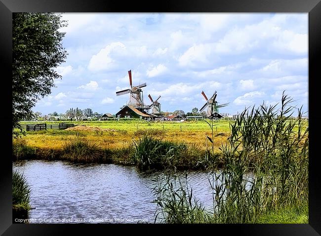 Dutch windmills scene  Framed Print by Les Schofield