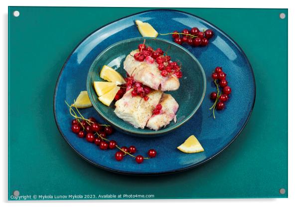 Codfish loin baked with berries. Acrylic by Mykola Lunov Mykola