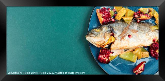 Dorado fish cooked with melon, copy space. Framed Print by Mykola Lunov Mykola