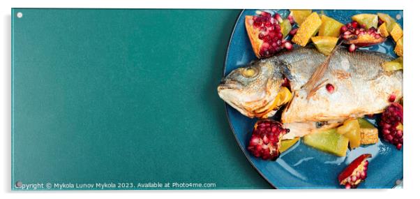 Dorado fish cooked with melon, copy space. Acrylic by Mykola Lunov Mykola