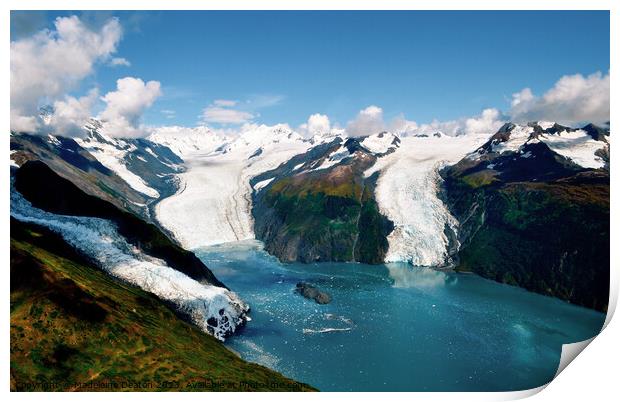 Aerial shot of three glaciers calving into Prince William Sound Print by Madeleine Deaton