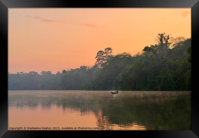 Lake Sandoval at hazy sunset in the Peruvian Amazon Framed Print by Madeleine Deaton