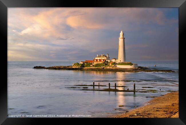 St Mary's Lighthouse Sunset Framed Print by Janet Carmichael
