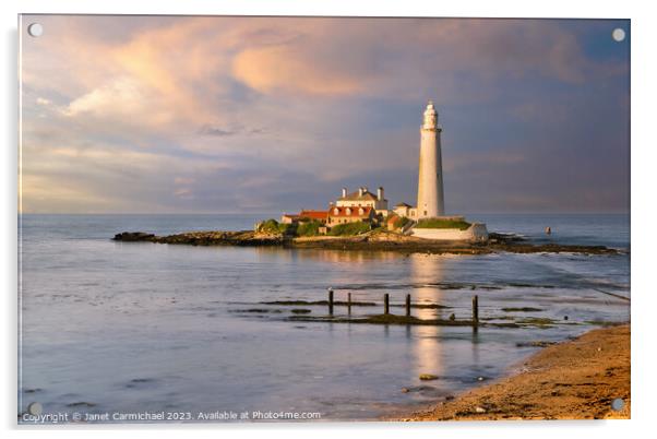 St Mary's Lighthouse Sunset Acrylic by Janet Carmichael