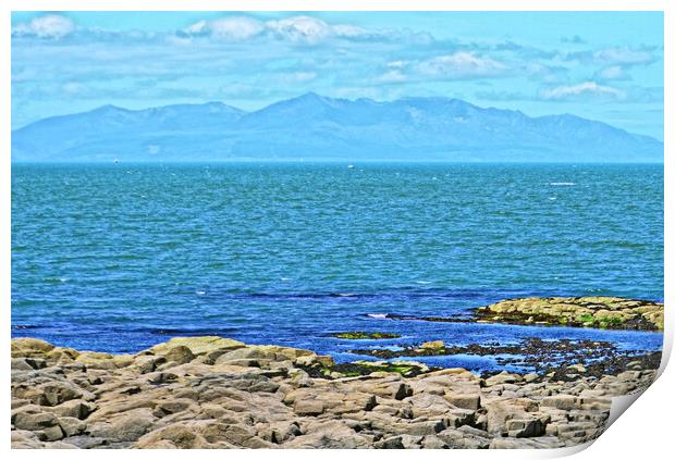 Troon view of mountains on Arran Print by Allan Durward Photography