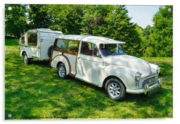 Morris Minor Traveller and Caravan Acrylic by Alison Chambers