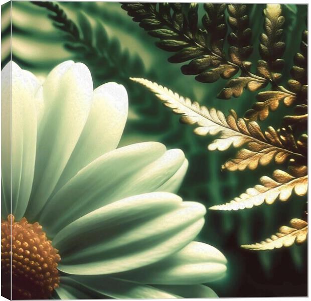 Enchanted Ferns Embracing Daisies Canvas Print by kathy white