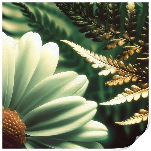 Enchanted Ferns Embracing Daisies Print by kathy white