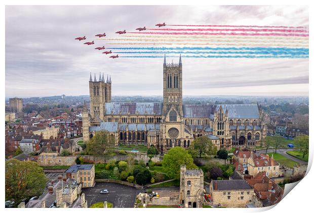 Red Arrows Over Lincoln Print by J Biggadike