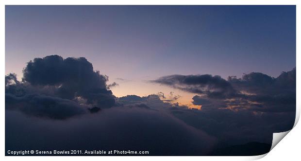 First Hint of Sunrise through Clouds at Poon Hill Print by Serena Bowles