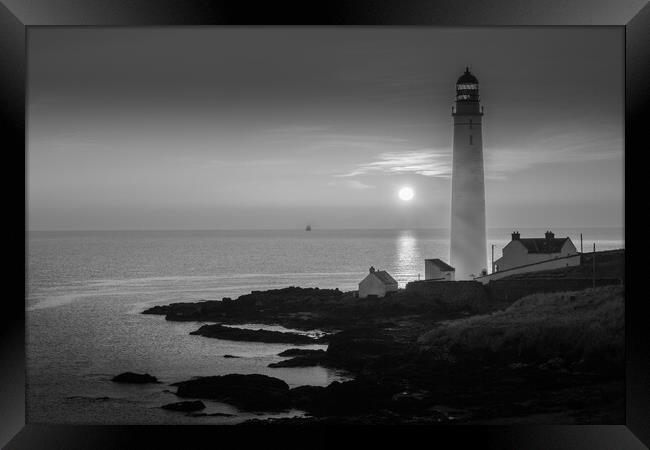 Sunrise at Scurdie Ness Lighthouse Mono  Framed Print by DAVID FRANCIS