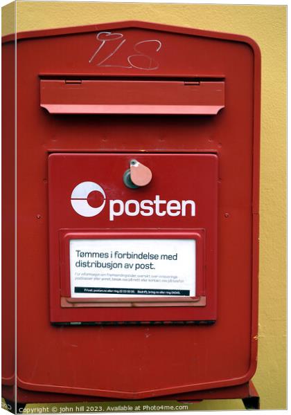 Norwegian wall post box Alesund, Norway Canvas Print by john hill