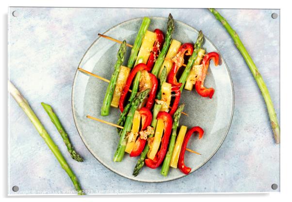 Vegetable skewers with asparagus and cheese. Acrylic by Mykola Lunov Mykola