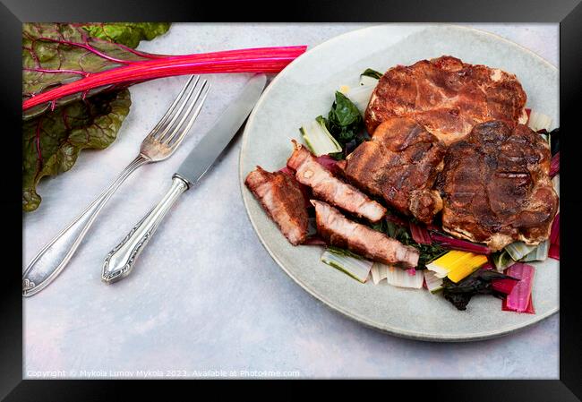 Tasty meat steak with green salad. Framed Print by Mykola Lunov Mykola