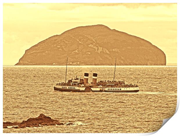 PS Waverley and Ailsa Craig (sepia) Print by Allan Durward Photography