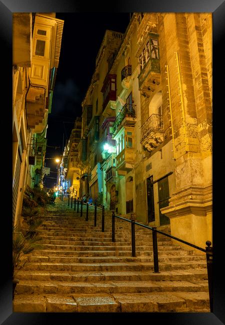 St John Street At Night In Valletta Malta Framed Print by Artur Bogacki