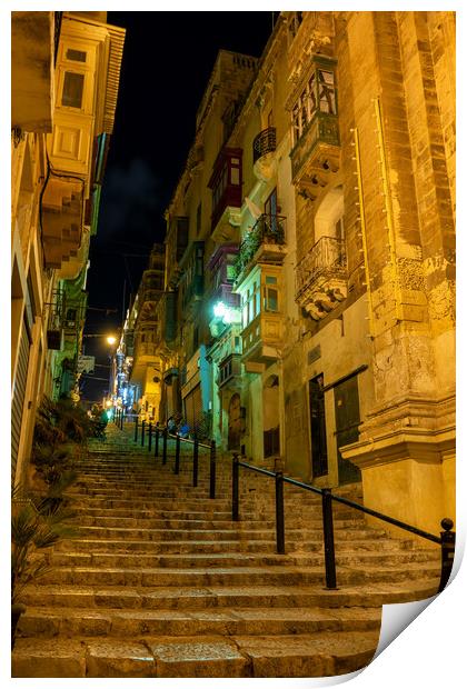 St John Street At Night In Valletta Malta Print by Artur Bogacki