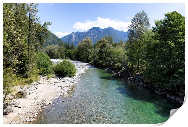 Flowing Skykomish river with cascade mountains  Print by Thomas Baker