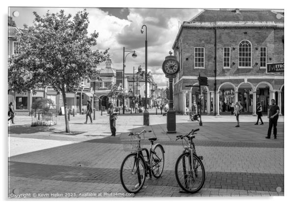 Bicycles in front of the Millenium clock, High Wycombe  Acrylic by Kevin Hellon
