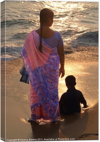 Woman in Pink and Blue Sari with Child Varkala, Ka Canvas Print by Serena Bowles