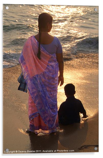 Woman in Pink and Blue Sari with Child Varkala, Ka Acrylic by Serena Bowles