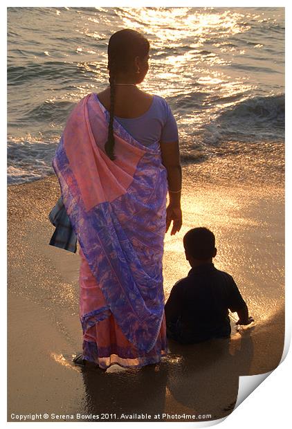Woman in Pink and Blue Sari with Child Varkala, Ka Print by Serena Bowles