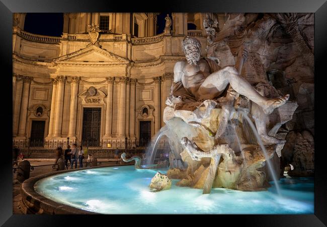 Fiumi Fountain By Night In Rome Framed Print by Artur Bogacki