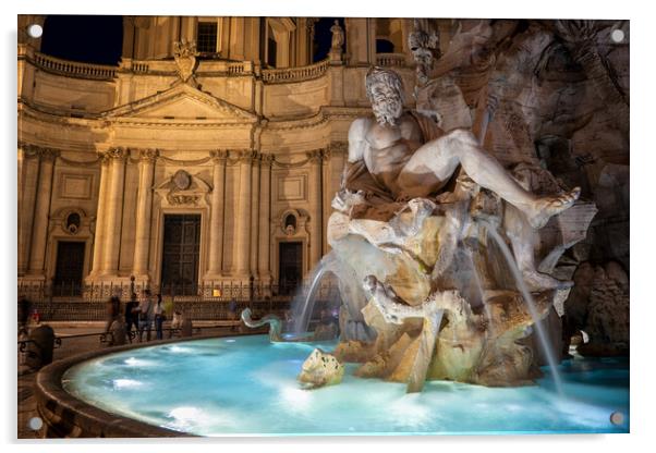 Fiumi Fountain By Night In Rome Acrylic by Artur Bogacki