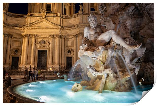 Fiumi Fountain By Night In Rome Print by Artur Bogacki