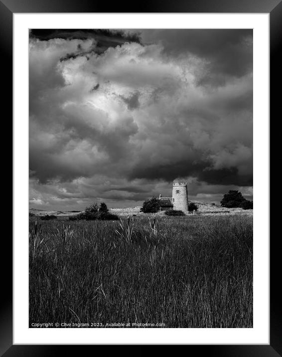 Black and white of the tower at The Snook (Lindisf Framed Mounted Print by Clive Ingram