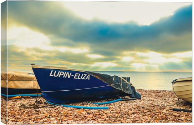Boat on Budleigh Beach with Sun Rays Canvas Print by Adrian Burgess