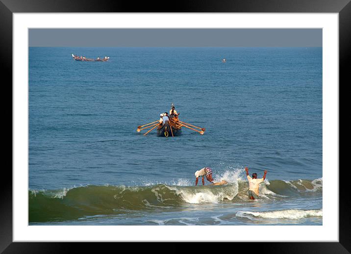 Fishermen off Black Beach Varkala, Kerala, India Framed Mounted Print by Serena Bowles