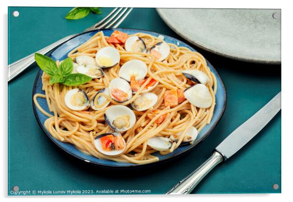 Yummy pasta with seafood. Acrylic by Mykola Lunov Mykola