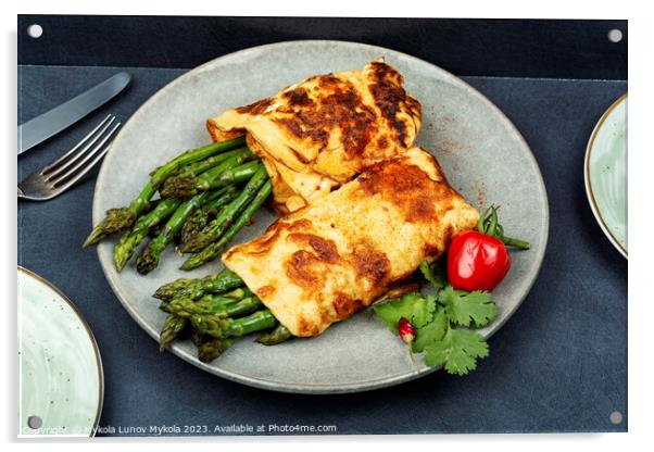 Delicious omelette with asparagus, healthy food. Acrylic by Mykola Lunov Mykola