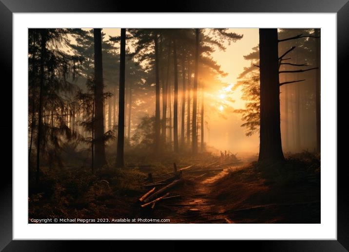 A sunrise in a misty forest. Framed Mounted Print by Michael Piepgras