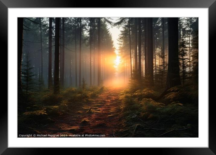 A sunrise in a misty forest. Framed Mounted Print by Michael Piepgras