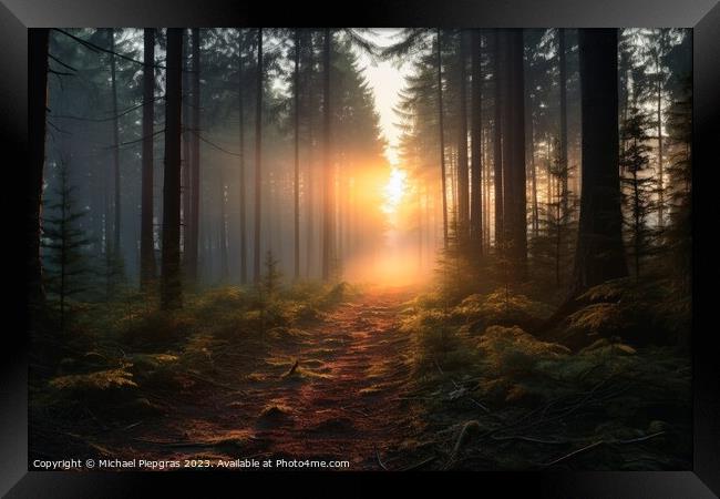 A sunrise in a misty forest. Framed Print by Michael Piepgras
