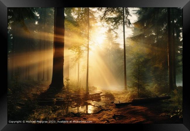 A sunrise in a misty forest. Framed Print by Michael Piepgras
